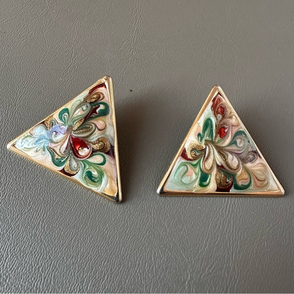 Vintage Enamel Swirl Painted Colorful Large Triangle Earrings